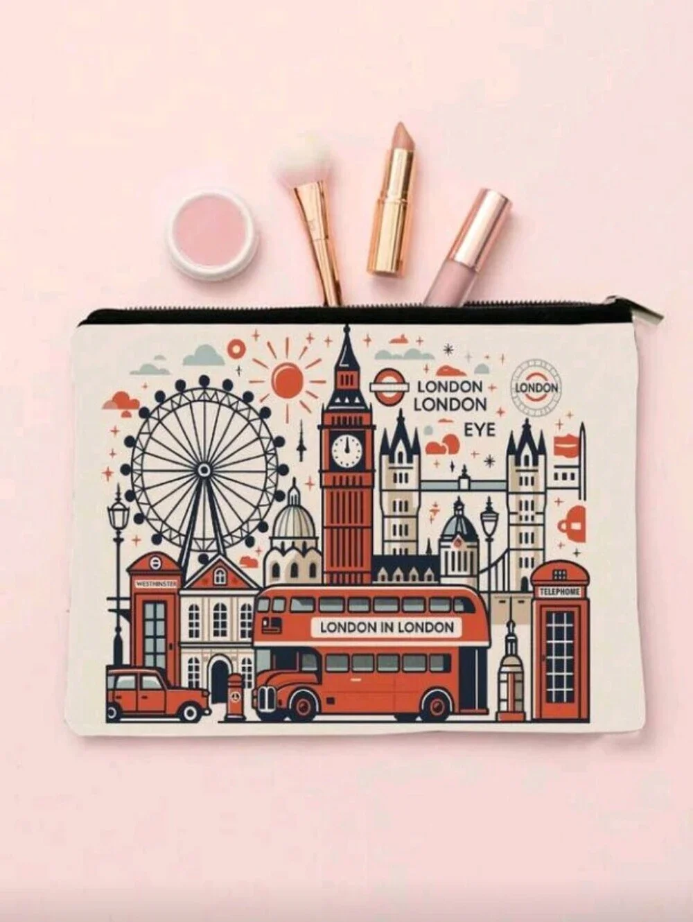 London Skyline Pouch Cream Red Summer Vacation Travel Zipper Pouch Purse